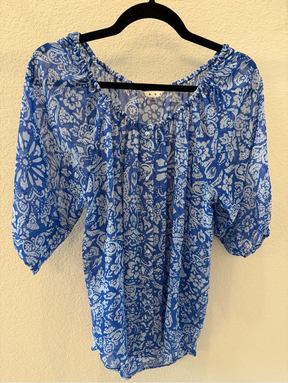 CAbi Blue and White Floral Peasant Blouse